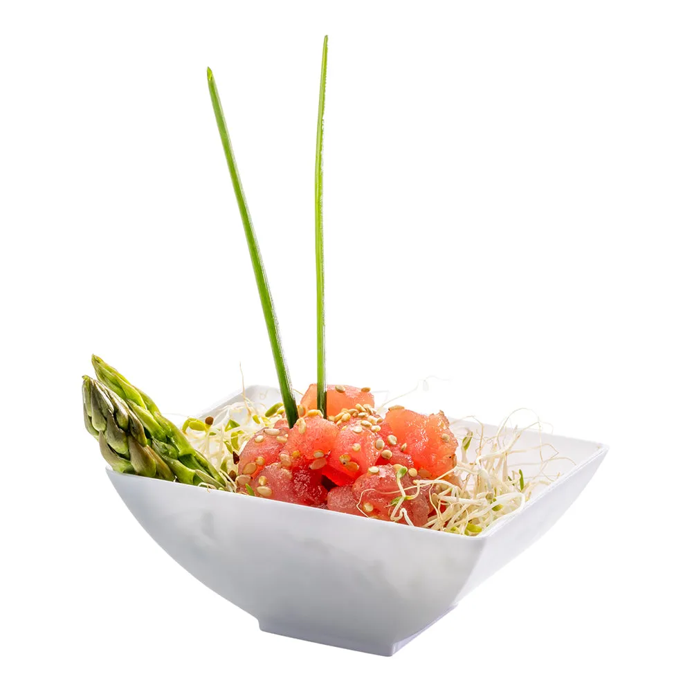 100 3 oz Rectangle White Plastic Small Architetto Bowls and 100 Silver Plastic 4" Mini Forks