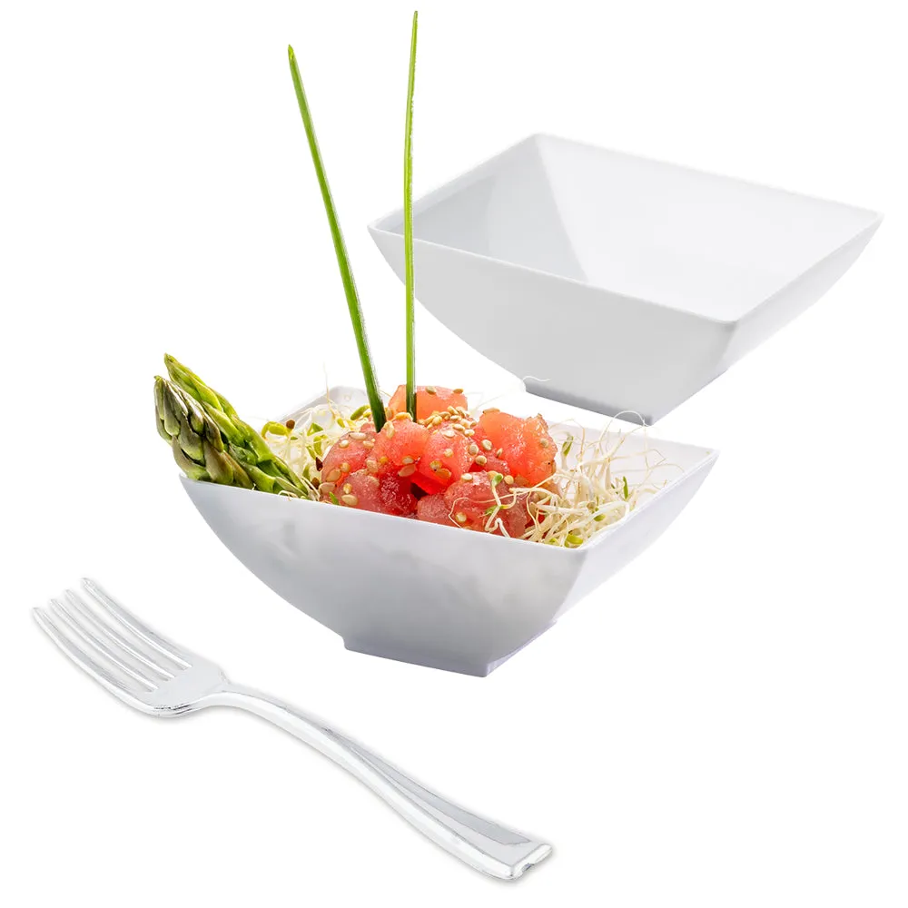 100 3 oz Rectangle White Plastic Small Architetto Bowls and 100 Silver Plastic 4" Mini Forks