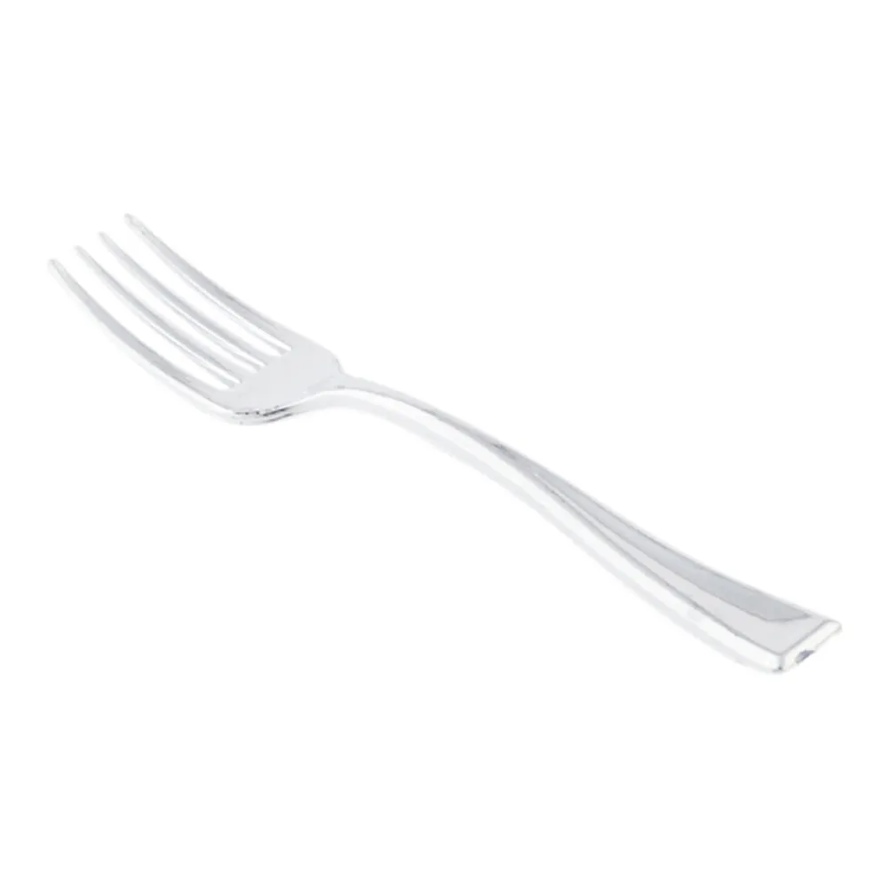 100 3 oz Rectangle White Plastic Small Architetto Bowls and 100 Silver Plastic 4" Mini Forks