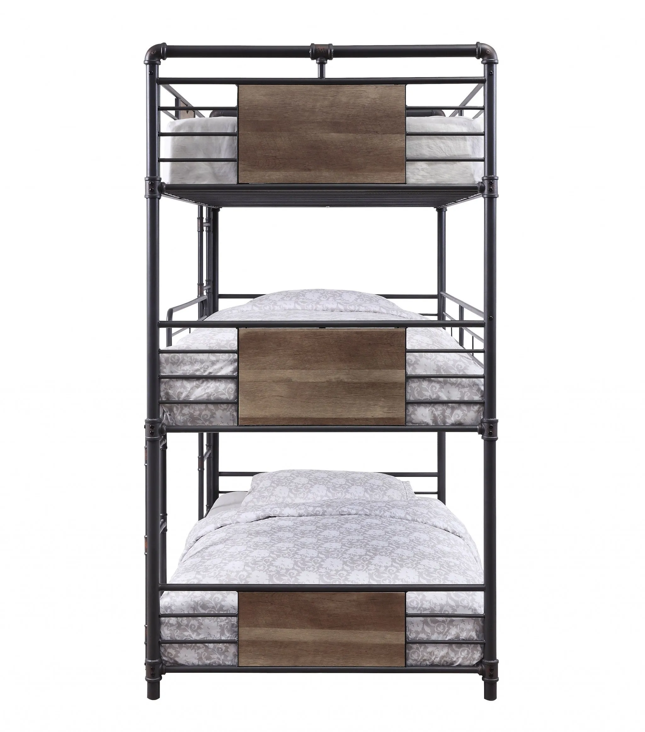 43" X 79" X 79" Sandy Black Dark Bronze HandBrushed Metal Wood Triple Bunk Bed  Twin