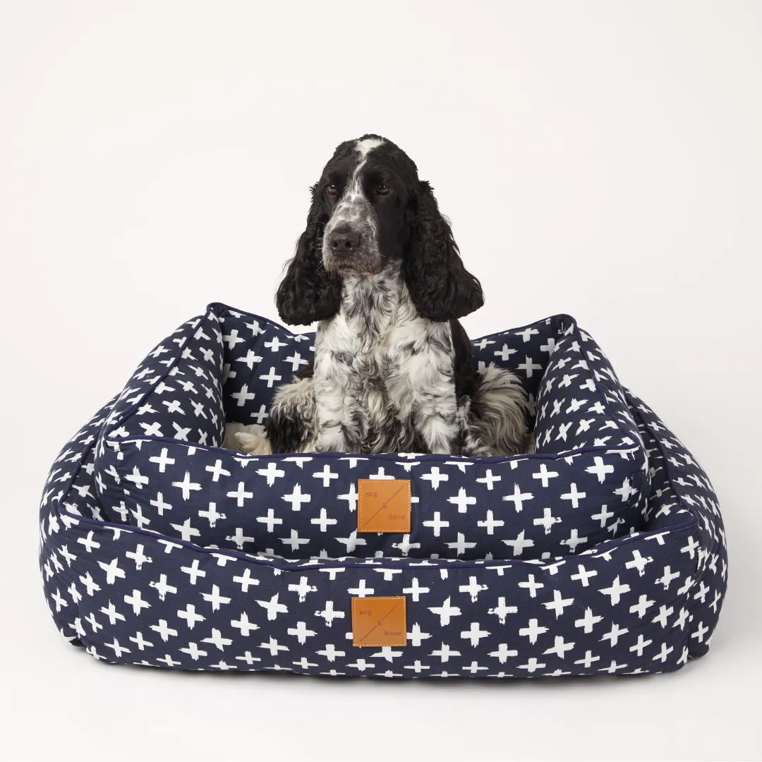 Bolster Dog Bed - Navy Cross Print