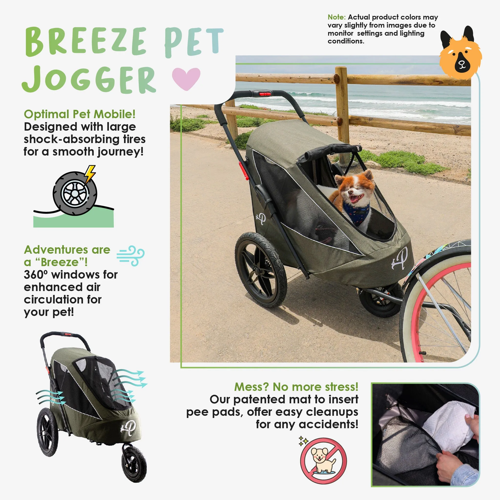 Breeze Pet Jogger/Stroller/Bike Trailer Shock Absorbing Bike Wheels, Easy Folding, Removable Fabric, Pee Pad Insert, for Large/Medium/Small Dogs/Cats, Supports pets up to 77LBS