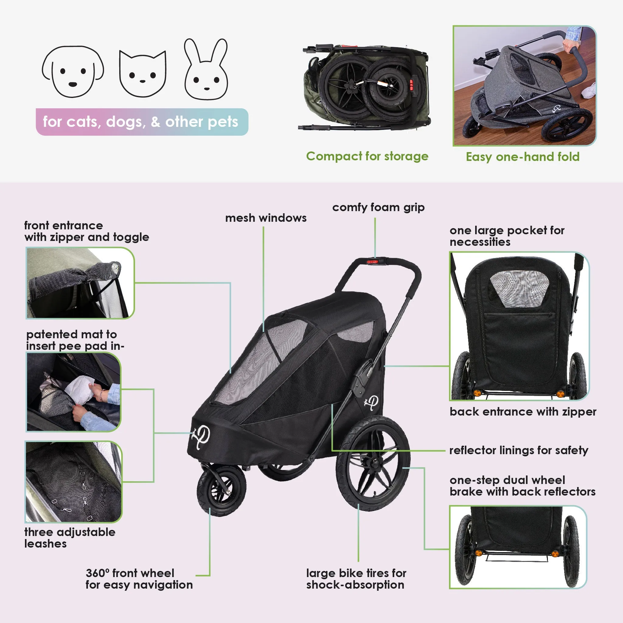 Breeze Pet Jogger/Stroller/Bike Trailer Shock Absorbing Bike Wheels, Easy Folding, Removable Fabric, Pee Pad Insert, for Large/Medium/Small Dogs/Cats, Supports pets up to 77LBS