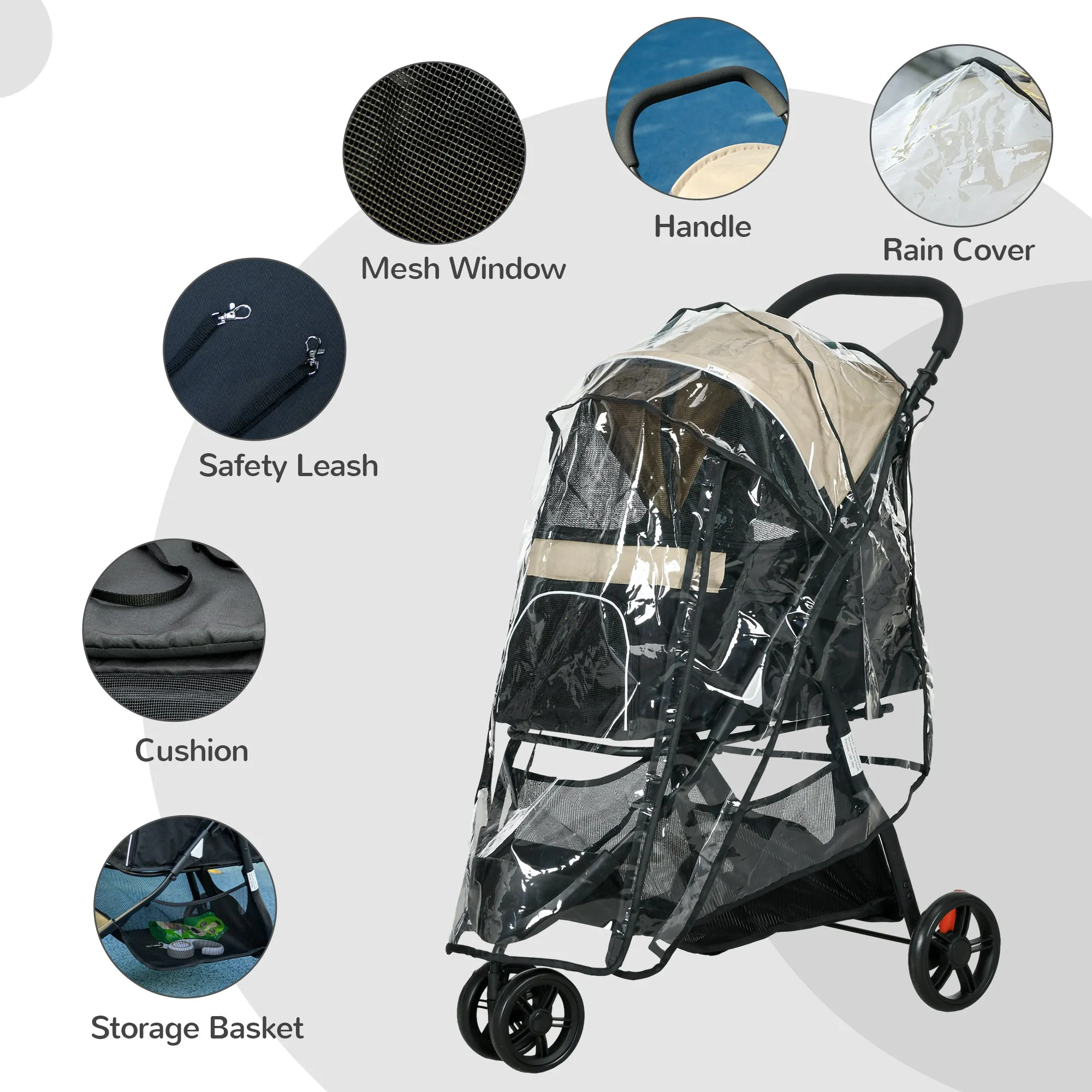 Foldable Pet Stroller with Rain Cover for XS and S-Sized Dogs Khaki