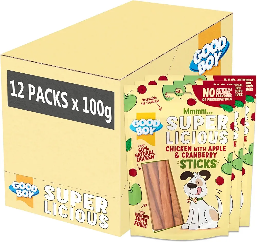 Good Boy Super Licious Chicken with Apple & Cranberry Sticks 12×100g