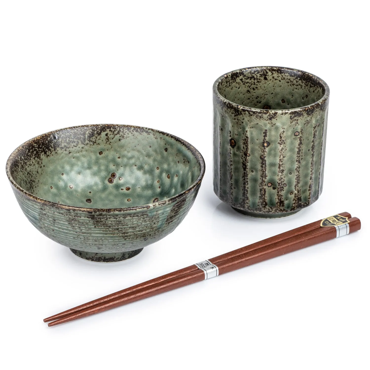 Green Wabi Sabi Premium Rice Bowl and Tea Cup Set