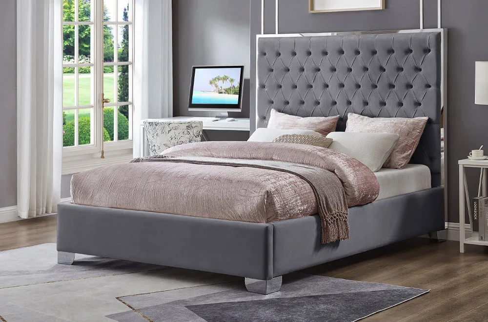 Grey Velvet Diamond Button Folded Tufted Bed - Double, Queen or King - Model #2385