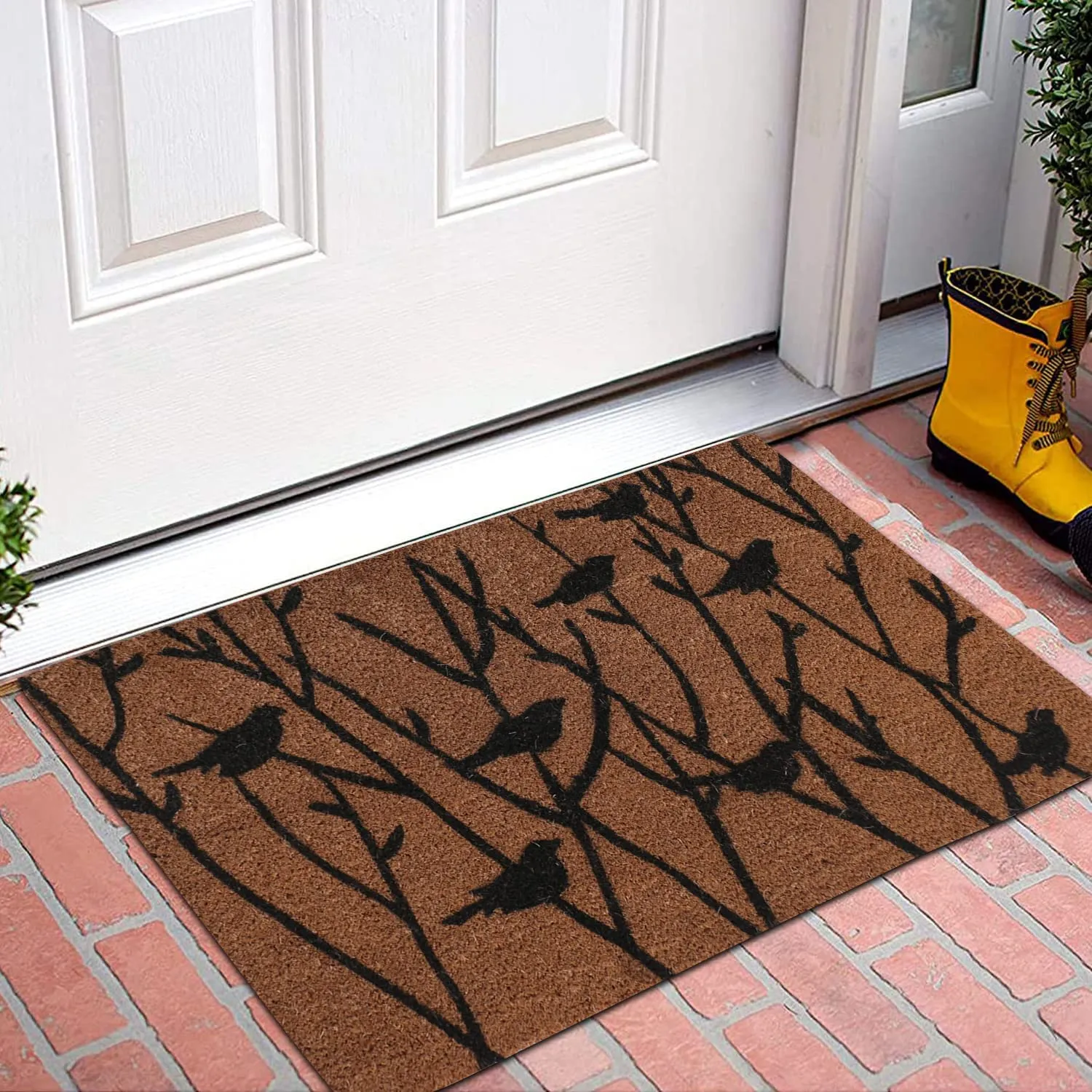 Heart Home Door Mat|Polyethylene Durable & Anti-Slip Natural Birds Print Floor Mat|Rug for Indoor or Outdoor, 30x20 Inch, Pack of 2 (Brown)