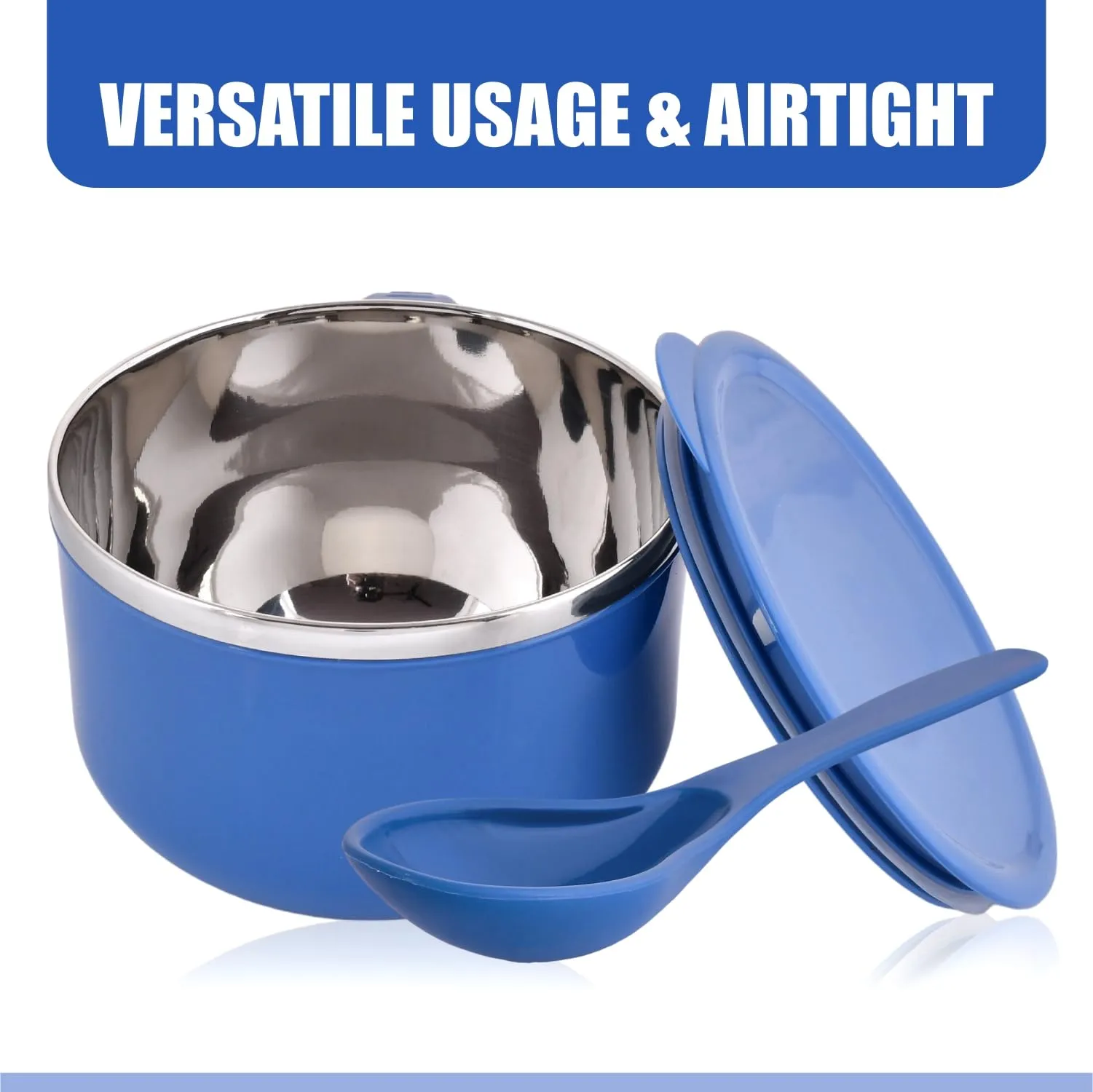 Heart Home Noodle & Soup Bowl Set | Steel Noodle Bowl with Spoon | Airtight Bowl for Pasta-Rice | Food Container | Office Bowl | Kitchen Bowl Set | 600 ML | Pack of 2 | Blue