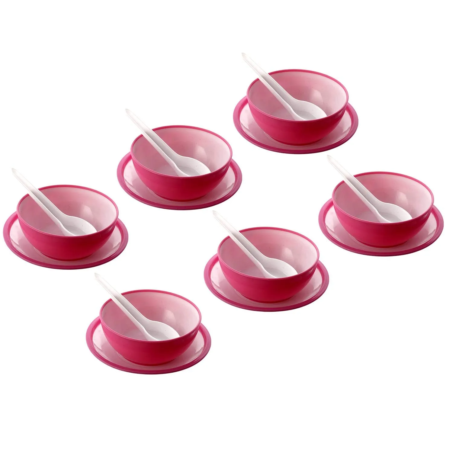 Kuber Industries Unbreakable Plastic Microwave Safe 12 Pc Round Shape Soup Bowls & 12 Plates with 12 Soup Spoons Set, 350 Ml (Pink)-KUBMART1589