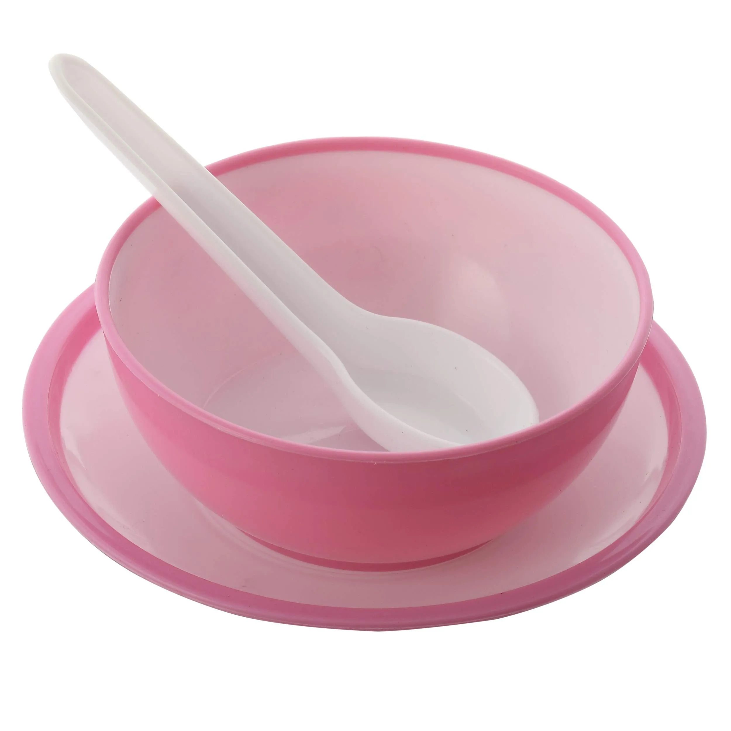 Kuber Industries Unbreakable Plastic Microwave Safe 12 Pc Round Shape Soup Bowls & 12 Plates with 12 Soup Spoons Set, 350 Ml (Pink)-KUBMART1589