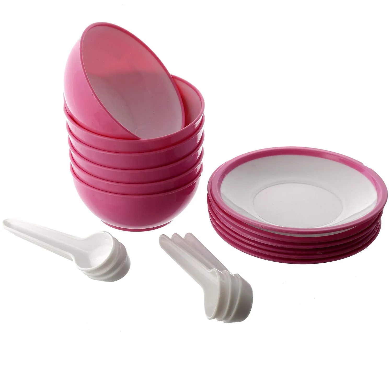 Kuber Industries Unbreakable Plastic Microwave Safe 12 Pc Round Shape Soup Bowls & 12 Plates with 12 Soup Spoons Set, 350 Ml (Pink)-KUBMART1589