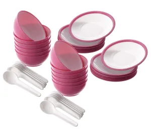 Kuber Industries Unbreakable Plastic Microwave Safe 12 Pc Round Shape Soup Bowls & 12 Plates with 12 Soup Spoons Set, 350 Ml (Pink)-KUBMART1589