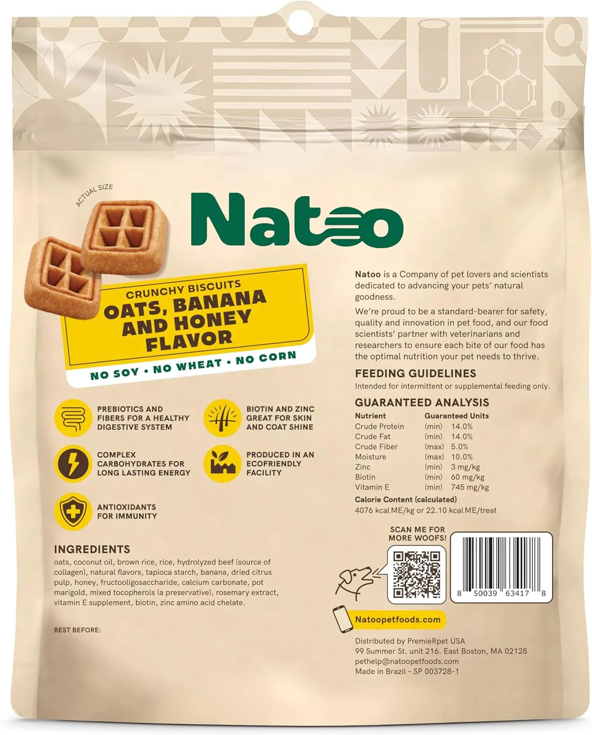 Natoo Crunchy Biscuits Oats, Banana, & Honey Flavor for All Size Dogs, 8-oz