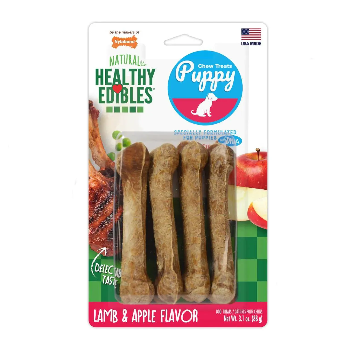 NYLABONE NATURAL HEALTHY EDIBLES PUPPY CHEW TREATS LAMB & APPLE