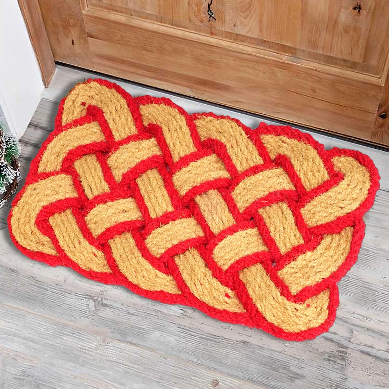 OnlyMat Red Border Lovers Knot - 100% Natural Handloom Coir Rope Mat - Indoor / Outdoor