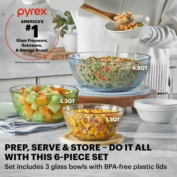 Pyrex Tinted Sculpted Glass Mixing Bowls 6pc